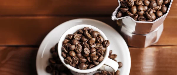 Coffee cup and percolator full of coffee beans letterbox — Stock Photo, Image