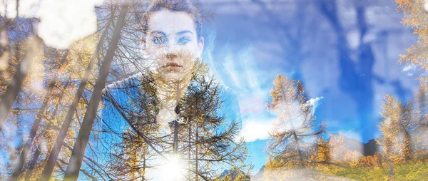 Double exposure of beautiful girl and autumn landscape letterbox — Stock Photo, Image