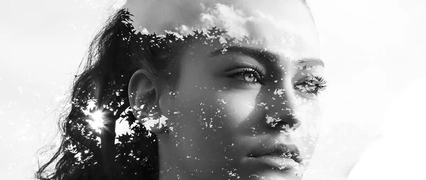 Double exposure of beautiful girl and leaves monochrome letterbo — Stock Photo, Image