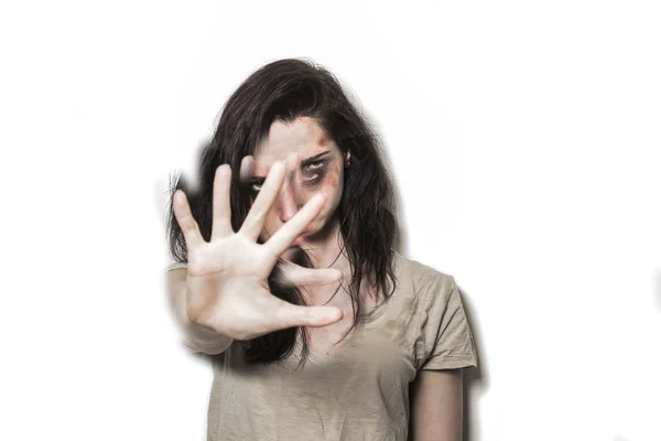 Distorted beaten girl portrait asking to stop — Stock Photo, Image