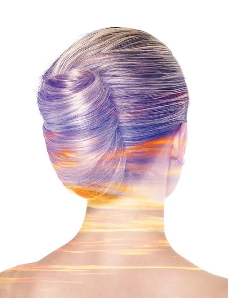 Double exposure of banana bun hairdo and colorful sunset — Stock Photo, Image