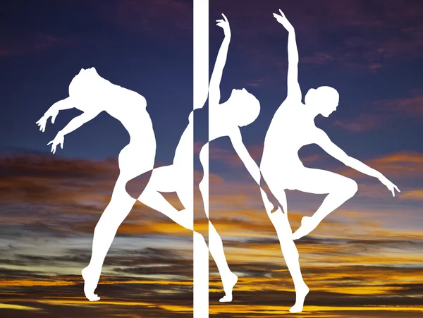 Double exposure of dancer silhouettes and sunset colorful clouds — Stock Photo, Image