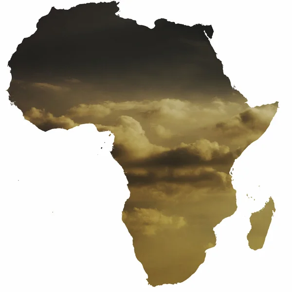 Doble exposición de la silueta de África y la tapa de nubes naranja puesta del sol — Foto de Stock