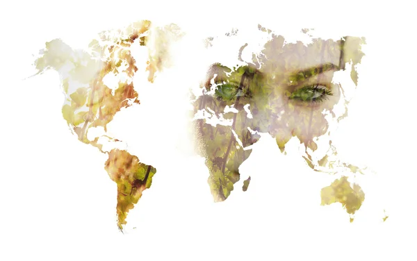 Double exposure of world map silhouette and beautiful girl portr — Stock Photo, Image