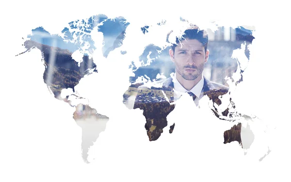 Double exposure of world map silhouette and businessman vacation — Stock Photo, Image