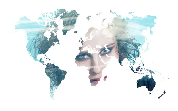 Double exposure of world map silhouette and pretty girl portrait — Stock Photo, Image