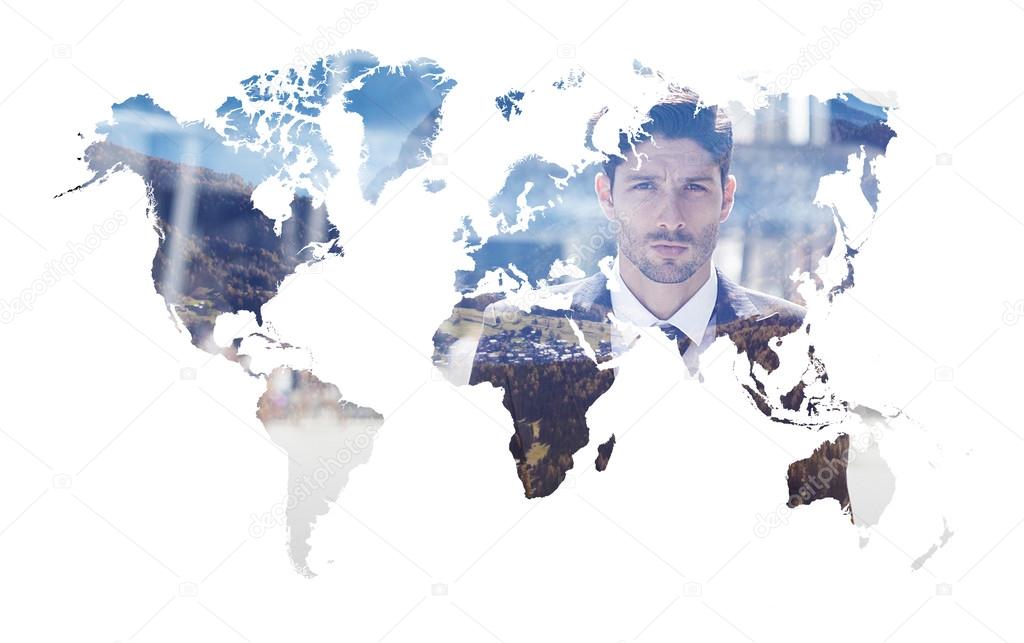 Double exposure of world map silhouette and businessman vacation