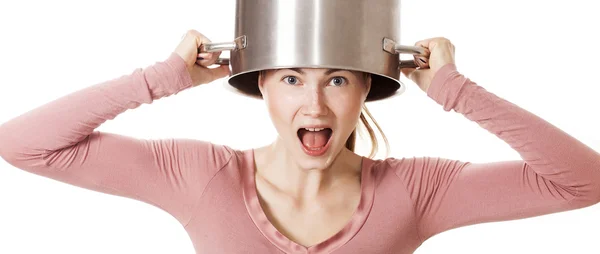 Funny girl portrait wearing soup pot as hat letterbox — Stock Photo, Image
