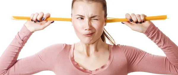 Girl portrait with spaghetti bunches coming out from ears letter — Stock Photo, Image