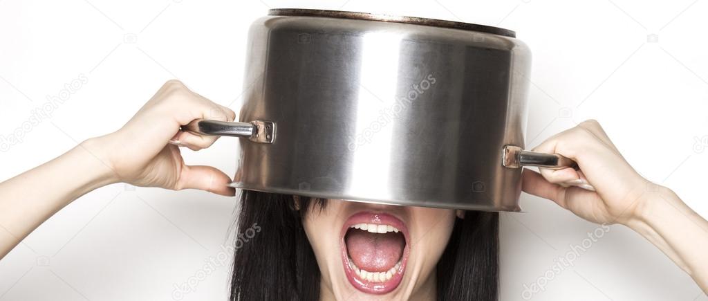 Stressed girl wearing a pot as hat letterbox