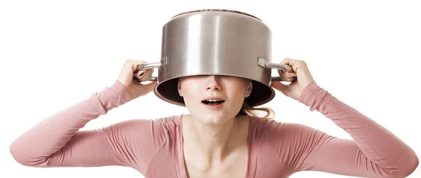 Funny girl portrait hiding her head under soup pot letterbox — Stock Photo, Image