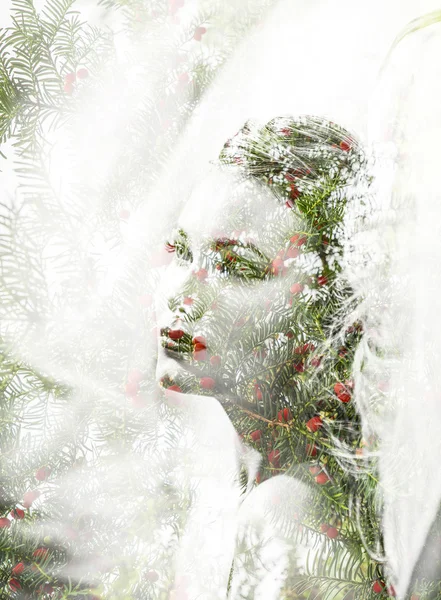 Double exposure of beautiful woman and pine needles with berries — Stock Photo, Image