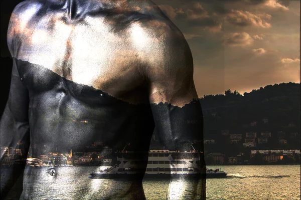Double exposure of man chest and lake landscape — Stock Photo, Image