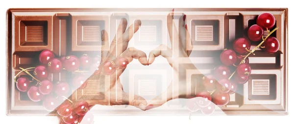 Double exposure of heart hand gesture and chocolate bar letterbo — Stock Photo, Image