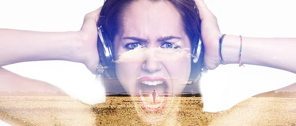 Double exposure of girl screaming and landscape letterbox — Stock Photo, Image