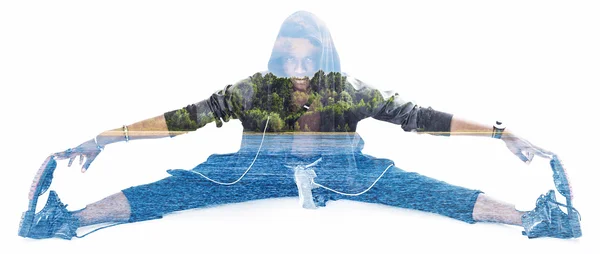 Double exposure of man doing stretching and lake landscape lette — Stock Photo, Image