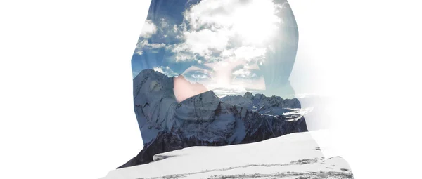 Double exposure of woman wearing burqa and mountainscape letterb — Stock Photo, Image