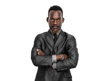 Afrika işadamı portre giyen gri takım elbise ile çapraz kollar
