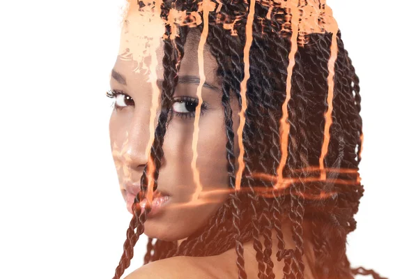 Double exposure of girl with braids and abstract water reflectio — Stock Photo, Image