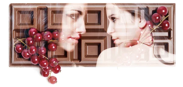 Double exposure of girls looking at each other and chocolate — Stock Photo, Image