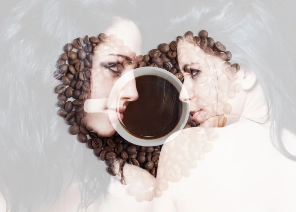 Double exposure of girls looking at each other and coffee — Stock Photo, Image