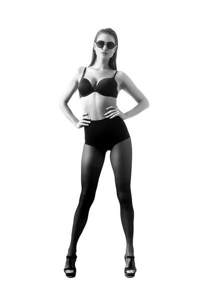 Mooi meisje dragen lingerie, kousen en zonnebril monoch — Stockfoto