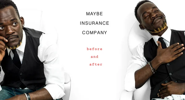 Satisfied businessman portrait - insurance company before and af — Stock Photo, Image