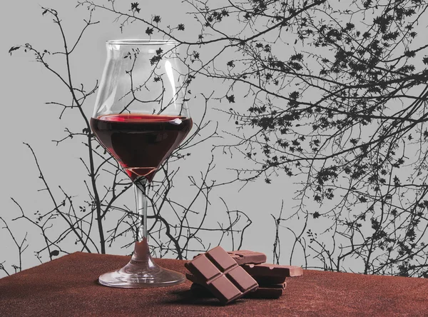 Red wine glass with chocolate and autumn tree branches — Stock Photo, Image