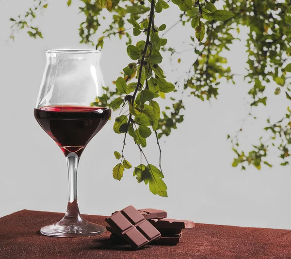 Kieliszek do wina czerwonego z czekolady i zielonych liści — Zdjęcie stockowe