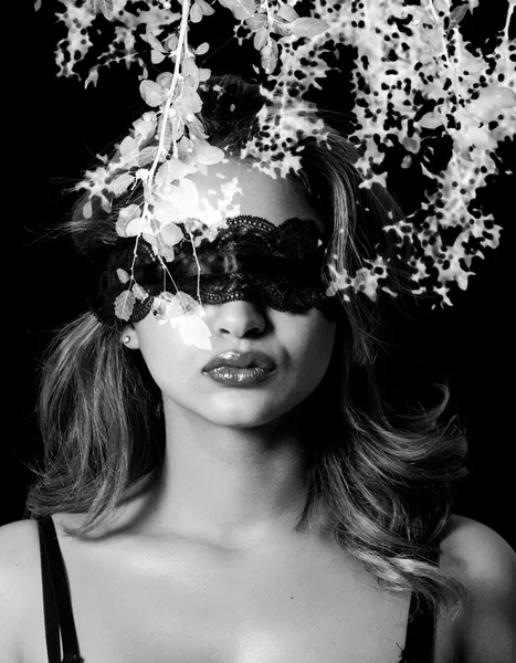 Double exposure of blindfold woman and leaves black and white Stock Image