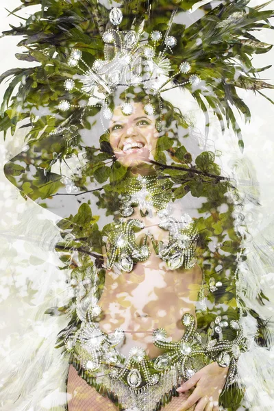 Double exposure of beautiful samba dancer and green leaves — Stock Photo, Image