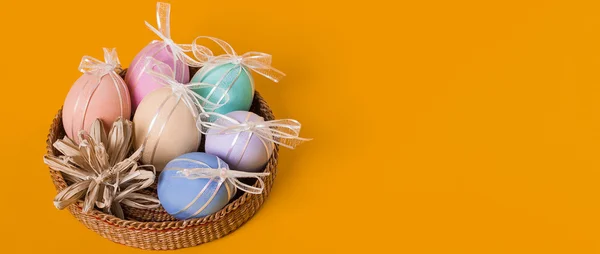 Colorful Easter eggs with bows horizontal letterbox — Stock Photo, Image