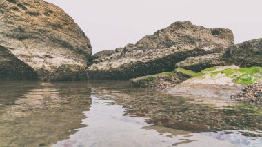 Kayaları olan kayalık bir sahil.