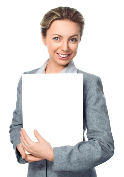 Retrato mujer de negocios con banne blanco en blanco —  Fotos de Stock