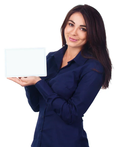 Retrato de mujer de negocios con pancarta blanca en blanco — Foto de Stock