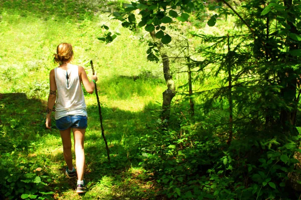 Девушка с палкой ходит по лесу — стоковое фото