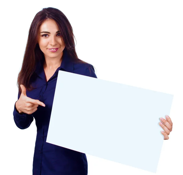 Mujer joven sostiene pancarta en blanco, aislada sobre blanco —  Fotos de Stock