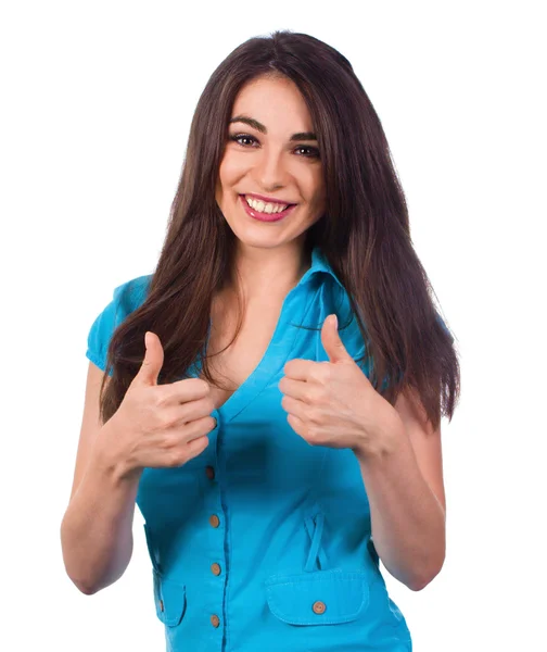 Jonge vrouw vertoont duim omhoog gebaar — Stockfoto