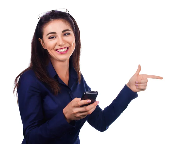 Business woman is pointing a side on white — Stock Photo, Image