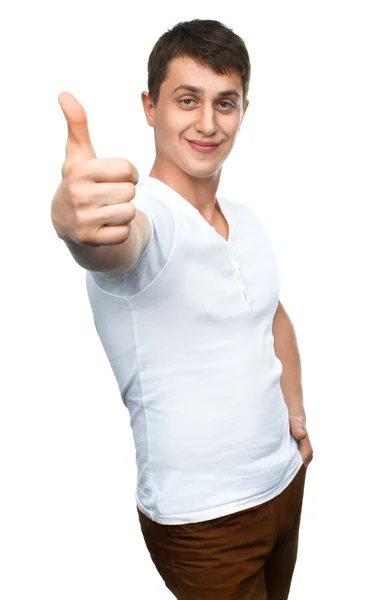 Happy smiling guy showing thumb up hand sign — Stock Photo, Image