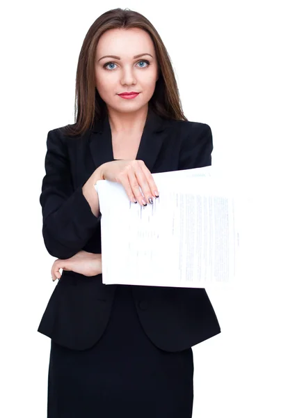 Joven atractiva mujer de negocios en vestido negro con documentos sobre fondo blanco Imagen de archivo