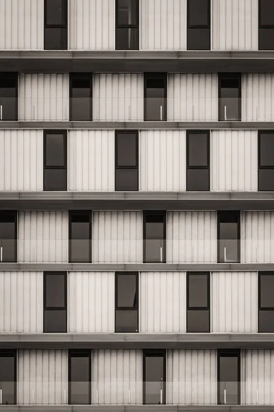 Linhas Janelas Envidraçadas Grades Vidro Edifício Urbano Minimalista Preto Branco — Fotografia de Stock