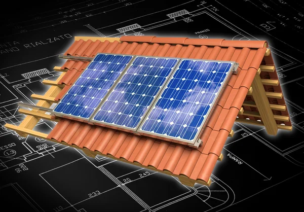 Paneles solares techo 3D renderizado —  Fotos de Stock