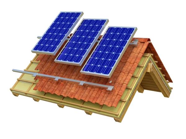 Zonnepanelen dak 3D-rendering — Stockfoto