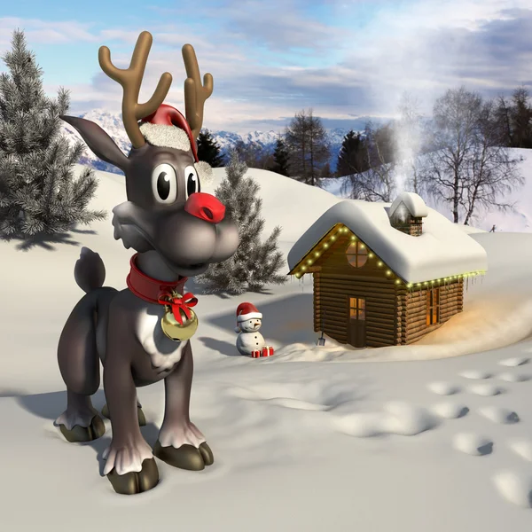 Rudolph reindeer in a Christmas landscape — Stock Photo, Image