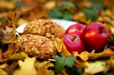 Kırmızı elma ve yaprakları ile sonbahar natürmort