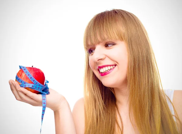 Woman with apple and  tape measure for diet — Stock Photo, Image