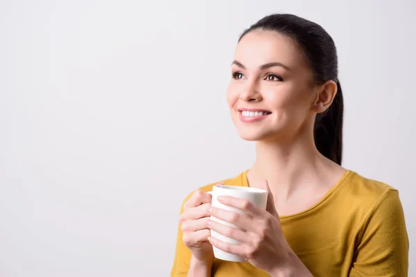 Positive content girl drinking tea — Stock Photo, Image