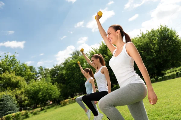 Mujeres alegres haciendo ejercicio con pesas — Foto de Stock