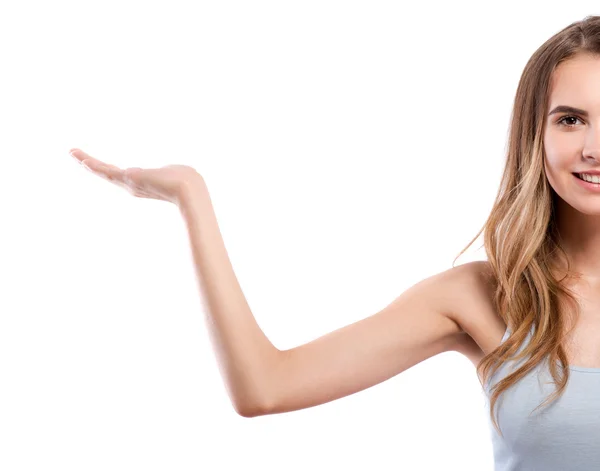 Cheerful woman standing on white background — Stock Photo, Image